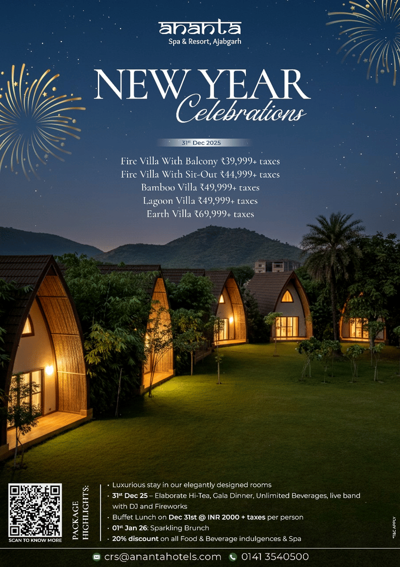 A creative of Ananta Spa & Resort, Ajabgarh, showcasing a row of illuminated, modern Bamboo and Earth villas nestled in lush greenery at night, with fireworks bursting over the dark hills above for the New Year 2025 celebration.