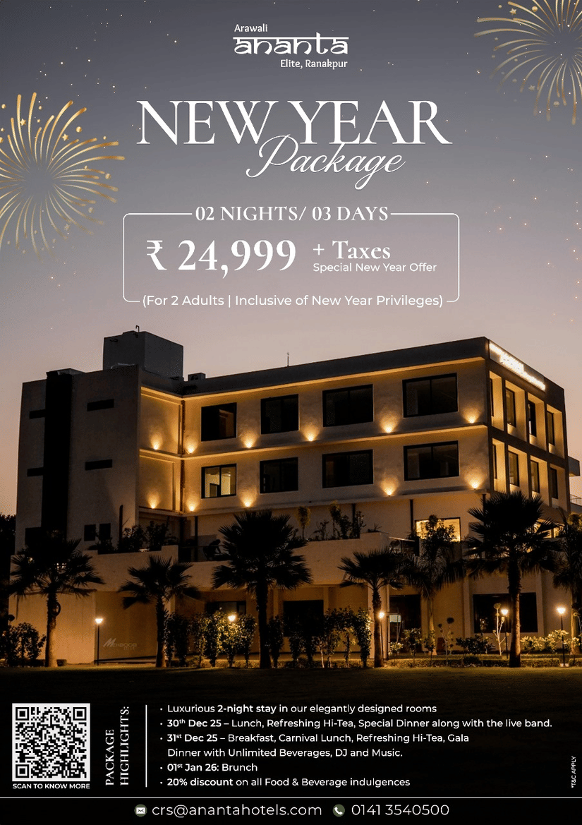 A creative of Ananta, Arawali Elite, Ranakpur, featuring the modern, multi-story hotel building illuminated at night, framed by palm trees and set against a light sky with festive fireworks for the New Year package celebration.