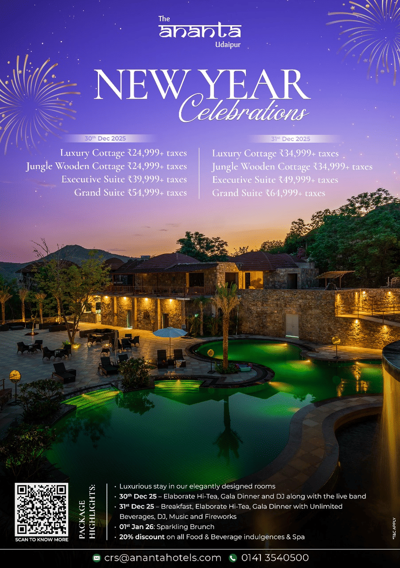 A creative of Ananta, The Ananta Udaipur, showing a dramatic night view of the resort's multi-tiered pool area with glowing  water, surrounding stone-faced buildings, and fireworks illuminating the hills above for the New Year 2025 celebration.