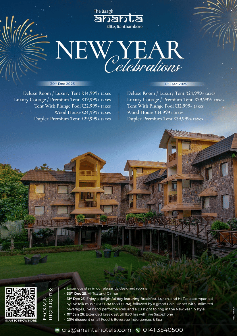 A creative of Ananta, The Baagh Elite, Ranthambore, displaying a multi-story stone and wood resort building with elevated walkways overlooking a green lawn, set against a dark, firework-dotted sky for the New Year 2025 celebration.