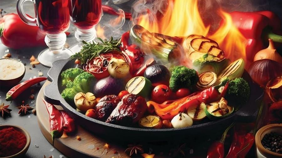 Sizzlers menu at The Waverly showcasing a range of veg and non-veg sizzlers including the Classic Sizzler, Chicken Steak, and Tandoori options, with a flaming sizzler image in the background.
