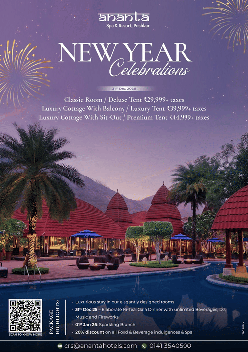 A creative of Ananta Spa & Resort, Pushkar, featuring the dark-roofed resort buildings, palm trees, and a swimming pool at night, with festive New Year fireworks visible in the sky above.