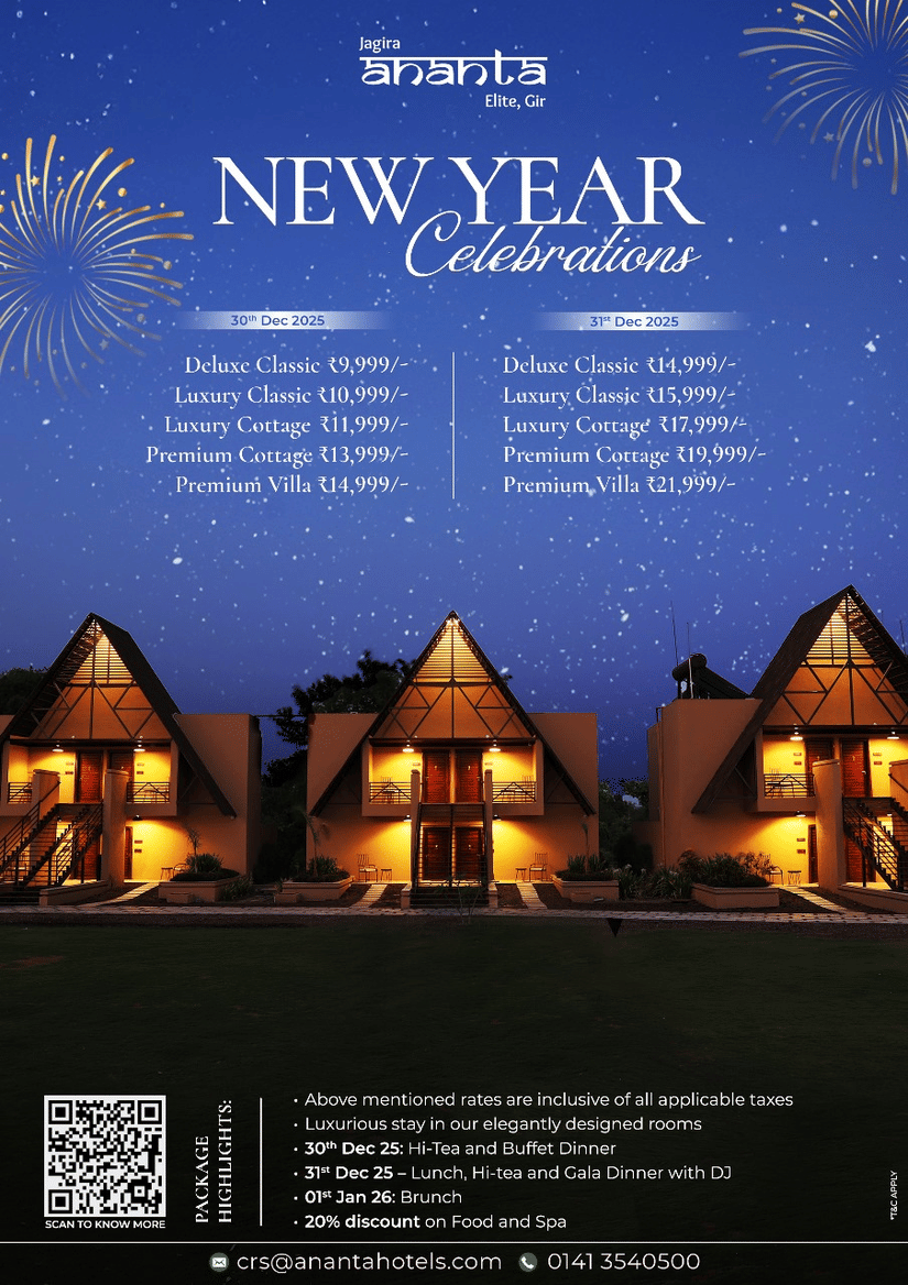 A creative of Ananta, Jagira Elite, Gir, featuring three illuminated, modern chalet-style cottages with prominent A-frame roofs at night, set on a lawn with fireworks visible in the dark sky celebrating New Year 2025.