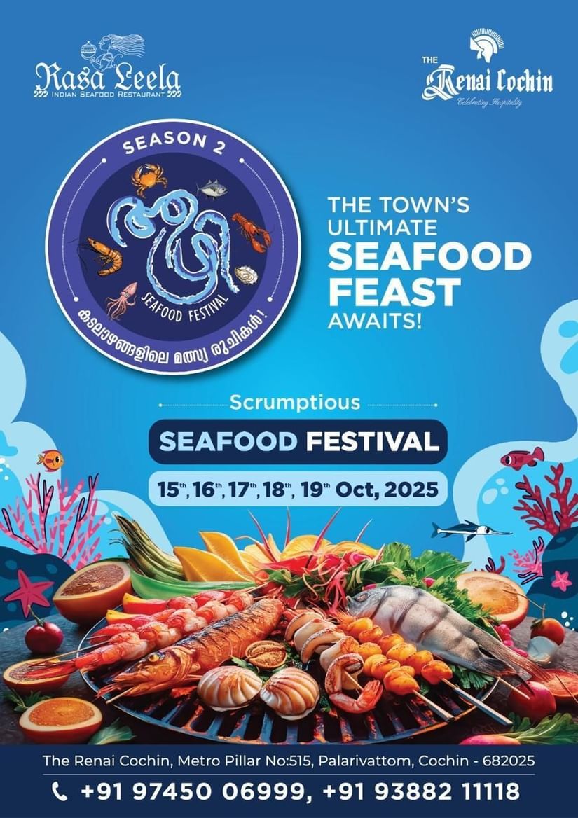 Banner for Scrumptious Seafood Festival displaying a platter of seafood at The Rasaleela Indian Seafood Restaurant and The Renai Cochin from 15th to 19th October 2025