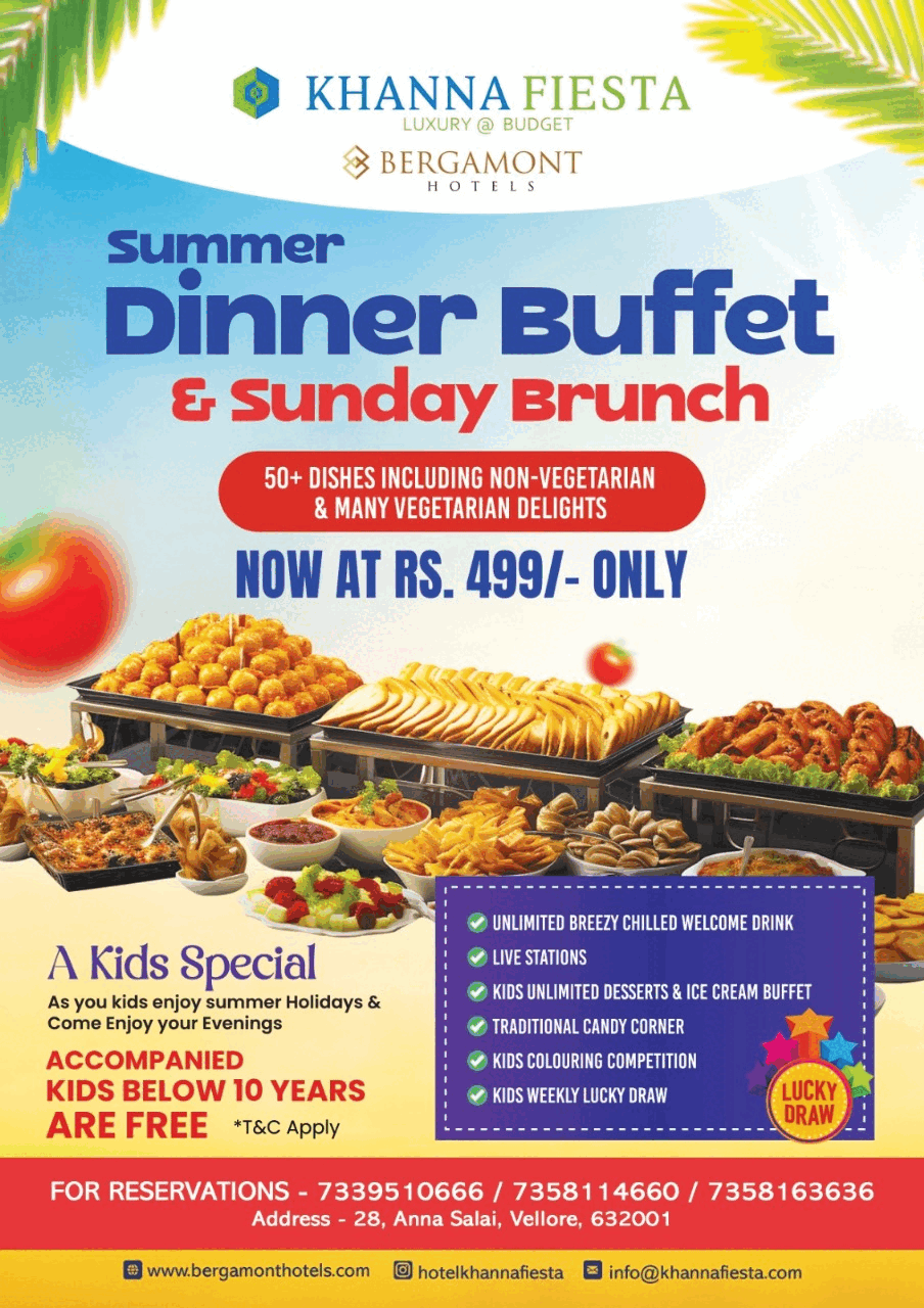 Animated promotional banner for Khanna Fiesta’s Summer Dinner Buffet and Sunday Brunch, showcasing a vibrant buffet spread with 50+ dishes, live stations, and special kids’ activities like colouring competitions and lucky draws. Highlighted offer: Rs. 499 