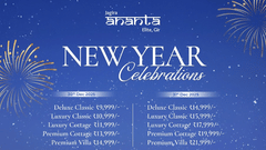 A creative of Ananta, Jagira Elite, Gir, featuring three illuminated, modern chalet-style cottages with prominent A-frame roofs at night, set on a lawn with fireworks visible in the dark sky celebrating New Year 2025.