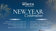 A creative of Ananta, The Baagh Elite, Ranthambore, displaying a multi-story stone and wood resort building with elevated walkways overlooking a green lawn, set against a dark, firework-dotted sky for the New Year 2025 celebration.