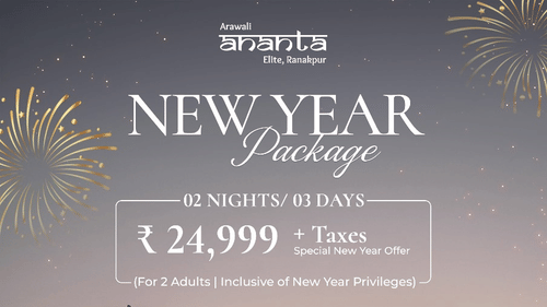 A creative of Ananta, Arawali Elite, Ranakpur, featuring the modern, multi-story hotel building illuminated at night, framed by palm trees and set against a light sky with festive fireworks for the New Year package celebration.
