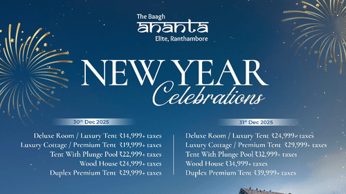 A creative of Ananta, The Baagh Elite, Ranthambore, displaying a multi-story stone and wood resort building with elevated walkways overlooking a green lawn, set against a dark, firework-dotted sky for the New Year 2025 celebration.