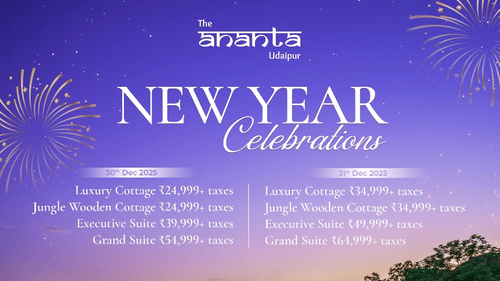A creative of Ananta, The Ananta Udaipur, showing a dramatic night view of the resort's multi-tiered pool area with glowing  water, surrounding stone-faced buildings, and fireworks illuminating the hills above for the New Year 2025 celebration.