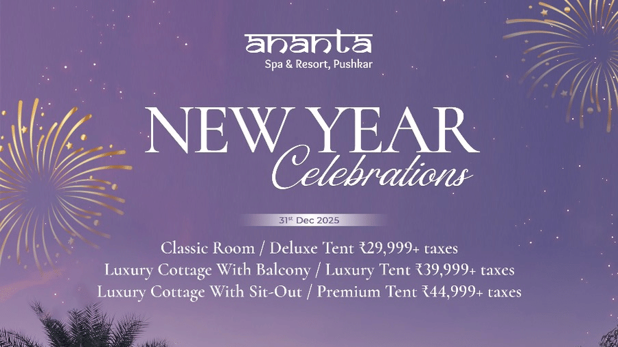 A creative of Ananta Spa & Resort, Pushkar, featuring the dark-roofed resort buildings, palm trees, and a swimming pool at night, with festive New Year fireworks visible in the sky above.