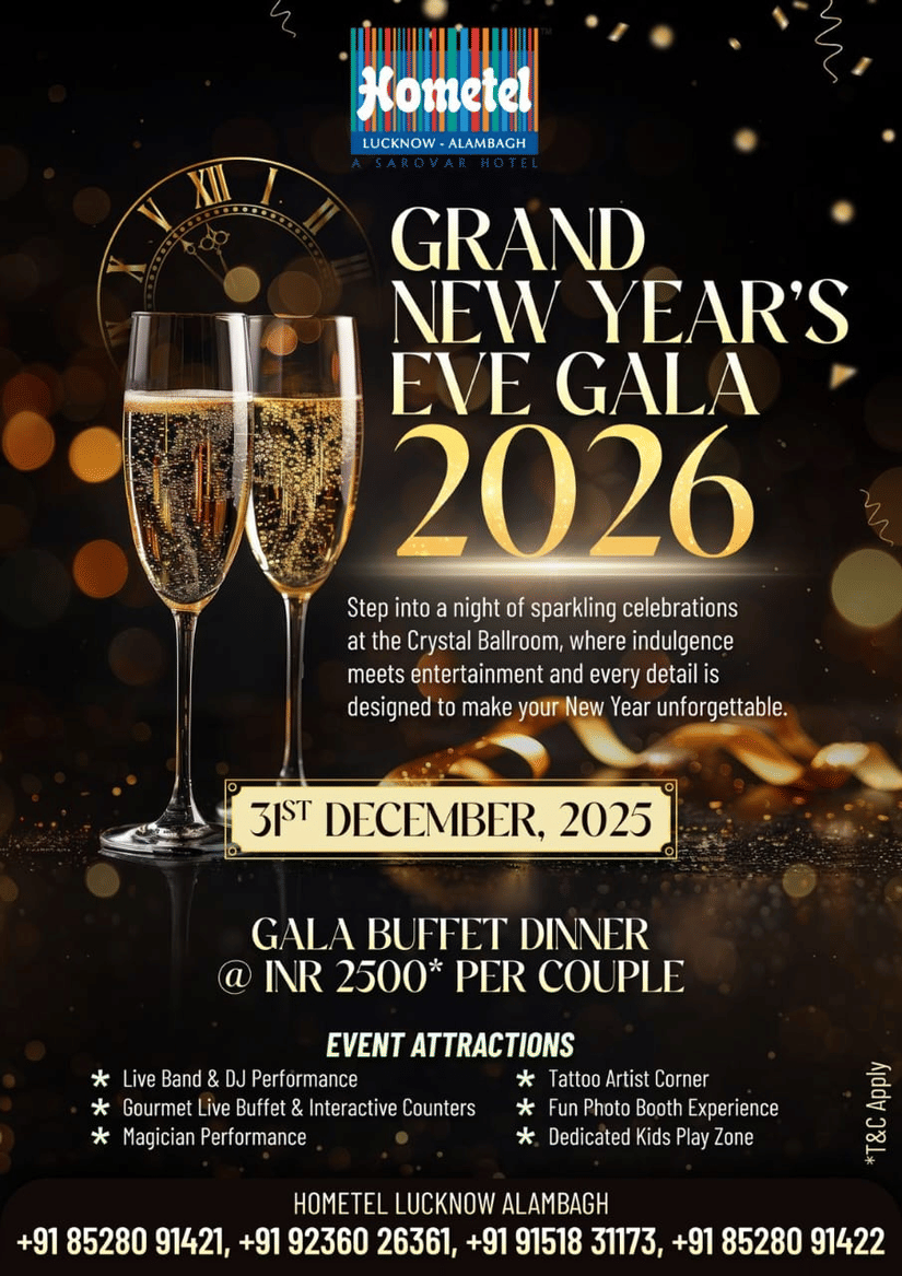 Grand New Year Eve Gala 2026 at Hometel Lucknow Alambagh featuring a gala buffet dinner, live band and DJ, sparkling celebrations, and festive decor on 31st December 2025.