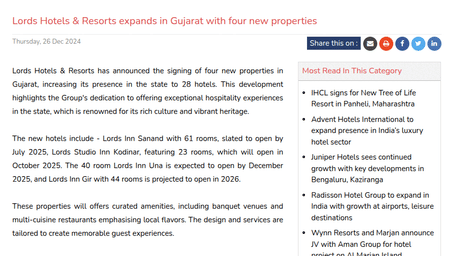 Article about Lords Hotels & Resorts expanding in Gujarat with four new properties, increasing its portfolio to 28 hotels.