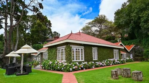 Facade view of the Cottage Rooms with a canopy next to it and trees surrounding it at The Clarton, one of the best hotels in Kodaikanal near lake.