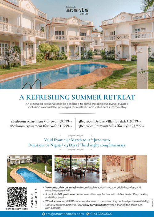 A creative for Ananta Goa a Refreshing Summer Retreat package with prices, dates, and amenities.