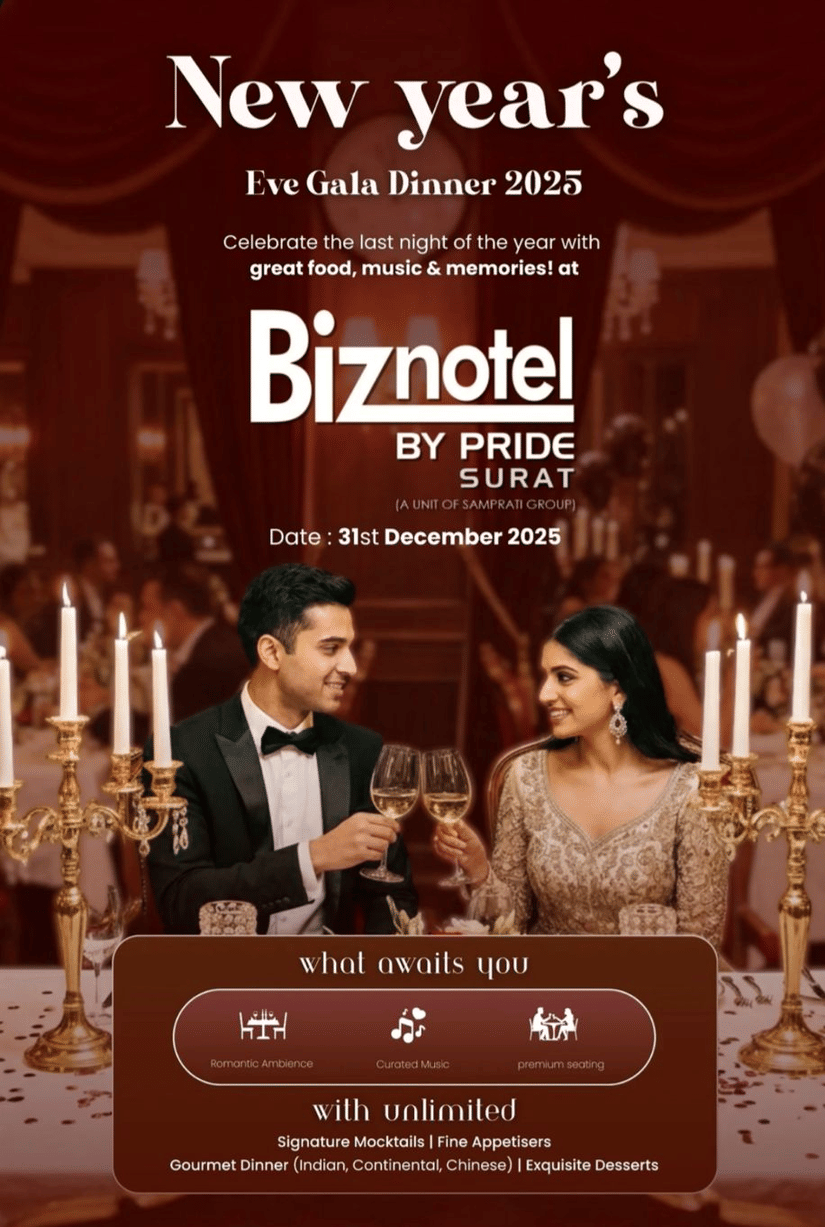 Promotional creative for New Year’s Eve Gala Dinner 2025 at Biznotel By Pride Surat, showcasing a couple at an elegant candlelight celebration with a festive ambience.