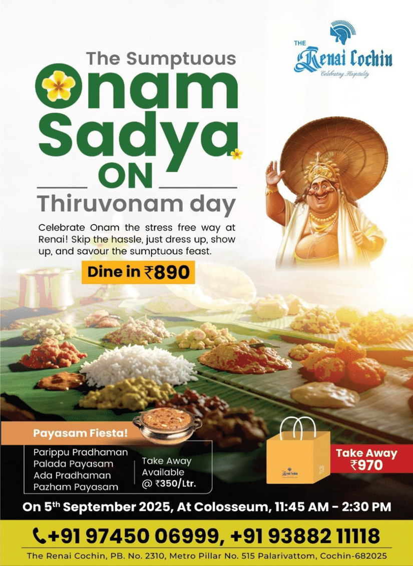 The Sumptuous Onam Sadhya on Thiruvonam day at The Renai Cochin, featuring a traditional Onam sadhya spread