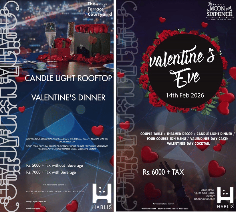 Promotional banner for Valentines Eve Candlelight Dinner at Hablis Hotel Chennai featuring themed couple tables, curated menu, cake and beverages on 14th February 2026.