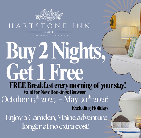 Hartstone Inn Buy 2 Nights, Get 1 Free promotional image showing a collage of the Inn's rooms and amenities, with details for the offer valid in October.