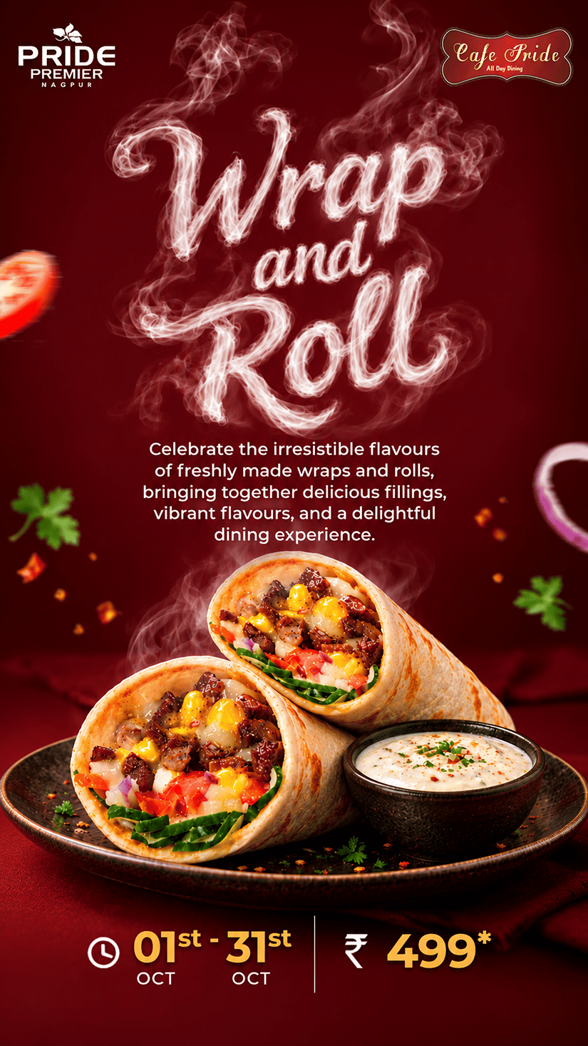 A promotional poster for Smoky Wrap and Roll Feast Offer at Pride Premier Nagpur, with two rolls placed at the center, starting at just Rs.499 and valid till 31st October 2026.