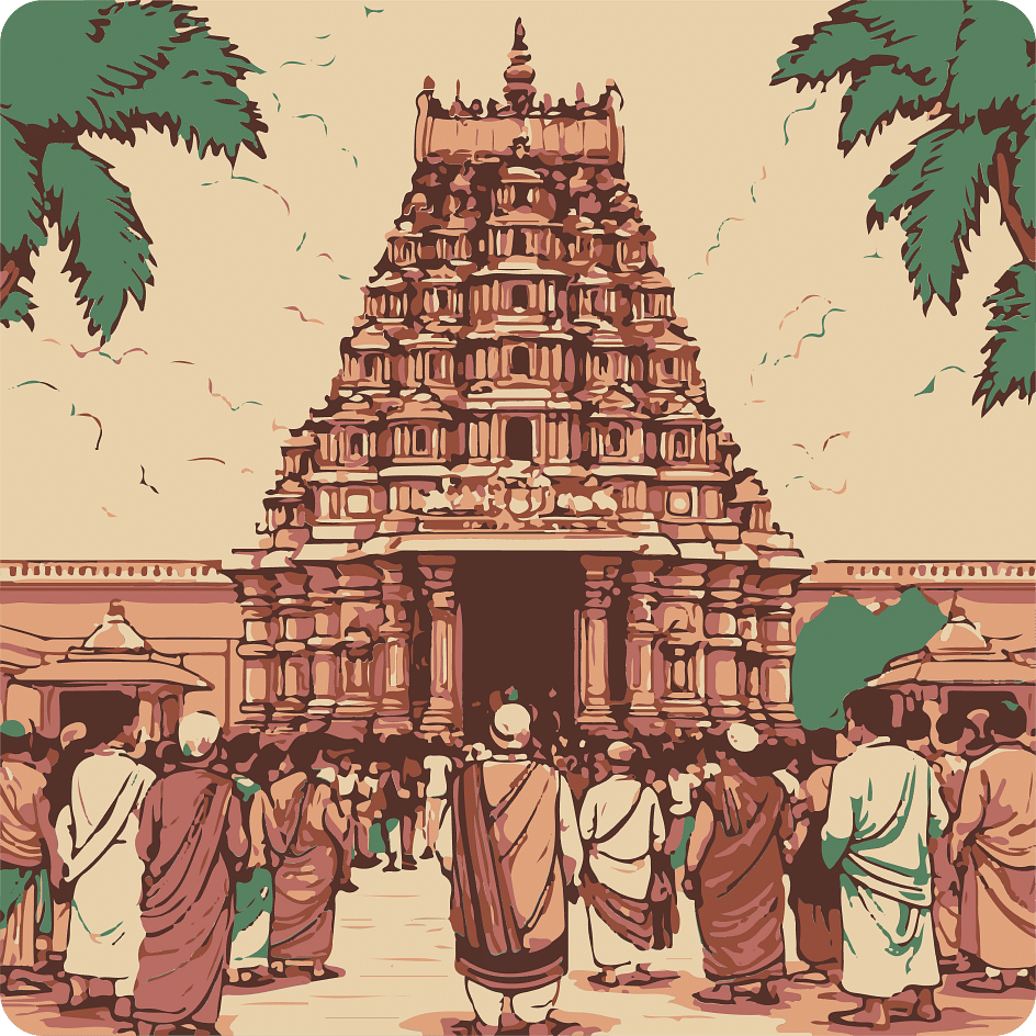 A comic strip of Devotees gather around the grand entrance of a towering Tanjore temple for a festival