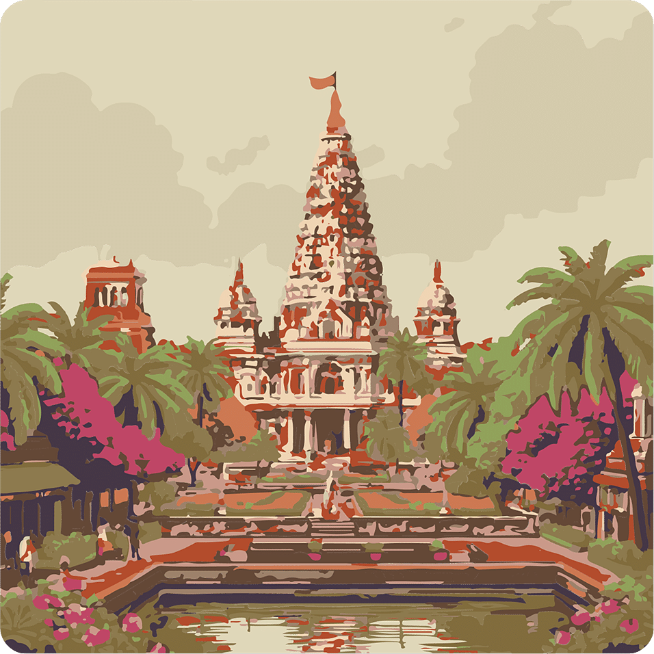 A grand temple complex with a central gopuram and a sacred pond, surrounded by lush greenery and devotion.