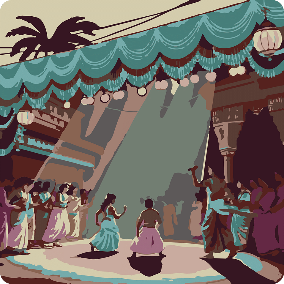 A festive market scene with people gathered under decorated canopies, enjoying local traditions.