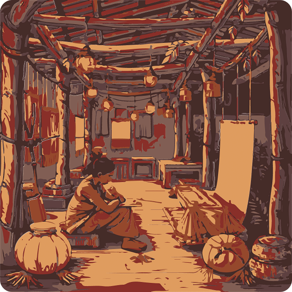 A rustic, dimly lit corridor inside a traditional home or heritage building with earthen pots and woven items.