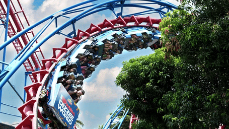 Thrilling roller coaster loop ride at MGM Dizzee World, with cars upside down on blue and red tracks surrounded by trees.