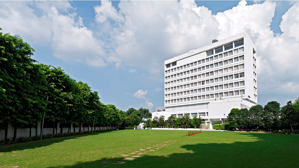 The main lawn at Clarks Avadh, a five star hotel in Lucknow, features its giant facade on a sunny day.