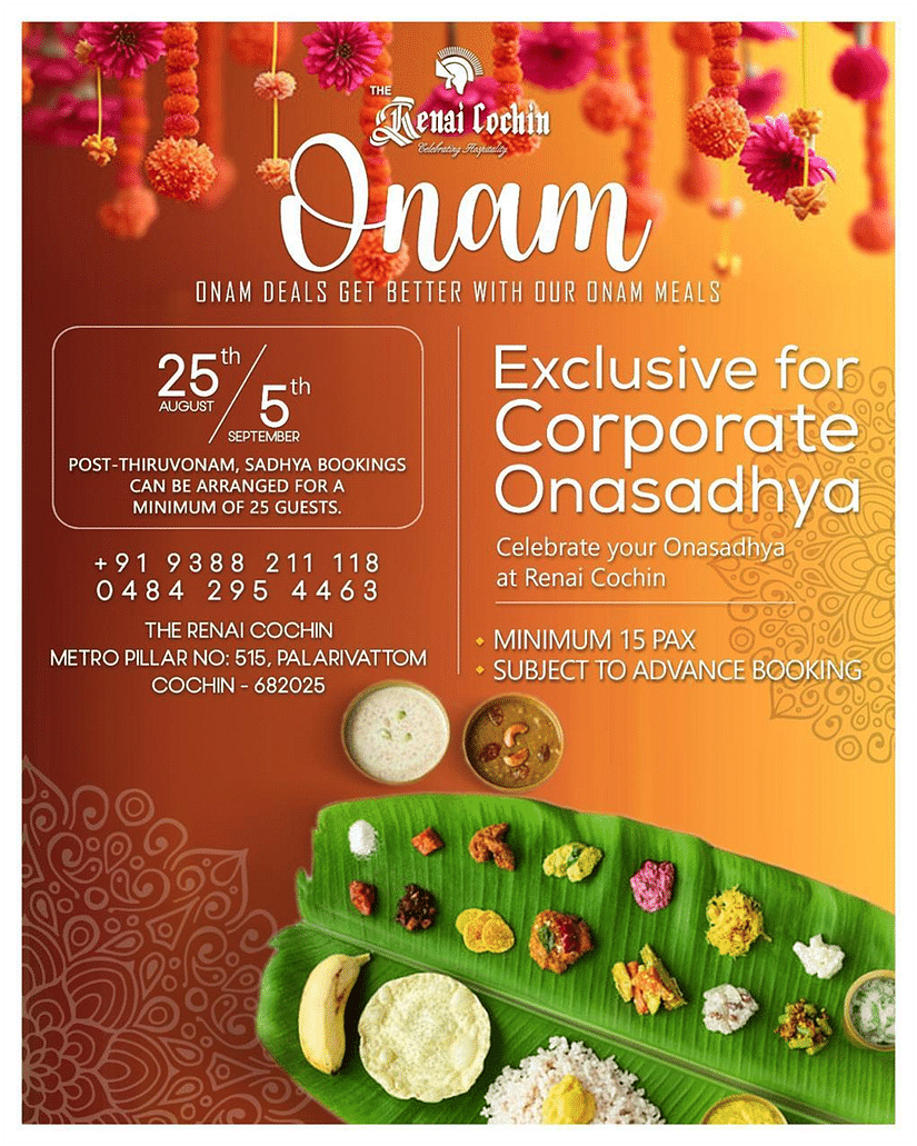 A creative for Onam deals and corporate Onasadya bookings at The Renai Cochin, featuring a traditional Onam sadhya spread