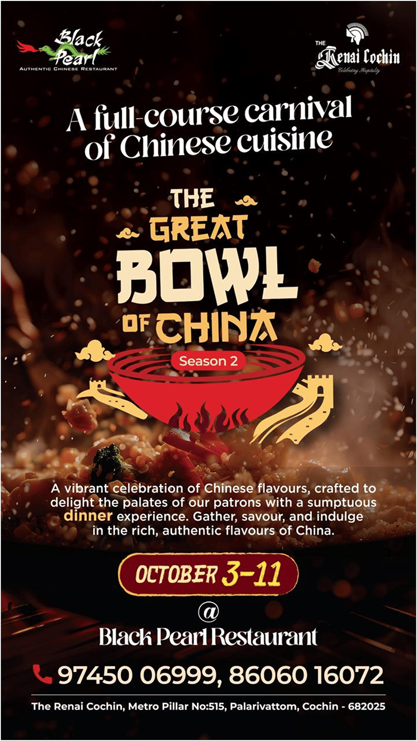 Promotional poster for The Great Bowl of China Season 3 Chinese cuisine food festival happening October 3 to 11 at Black Pearl Restaurant with contact details.