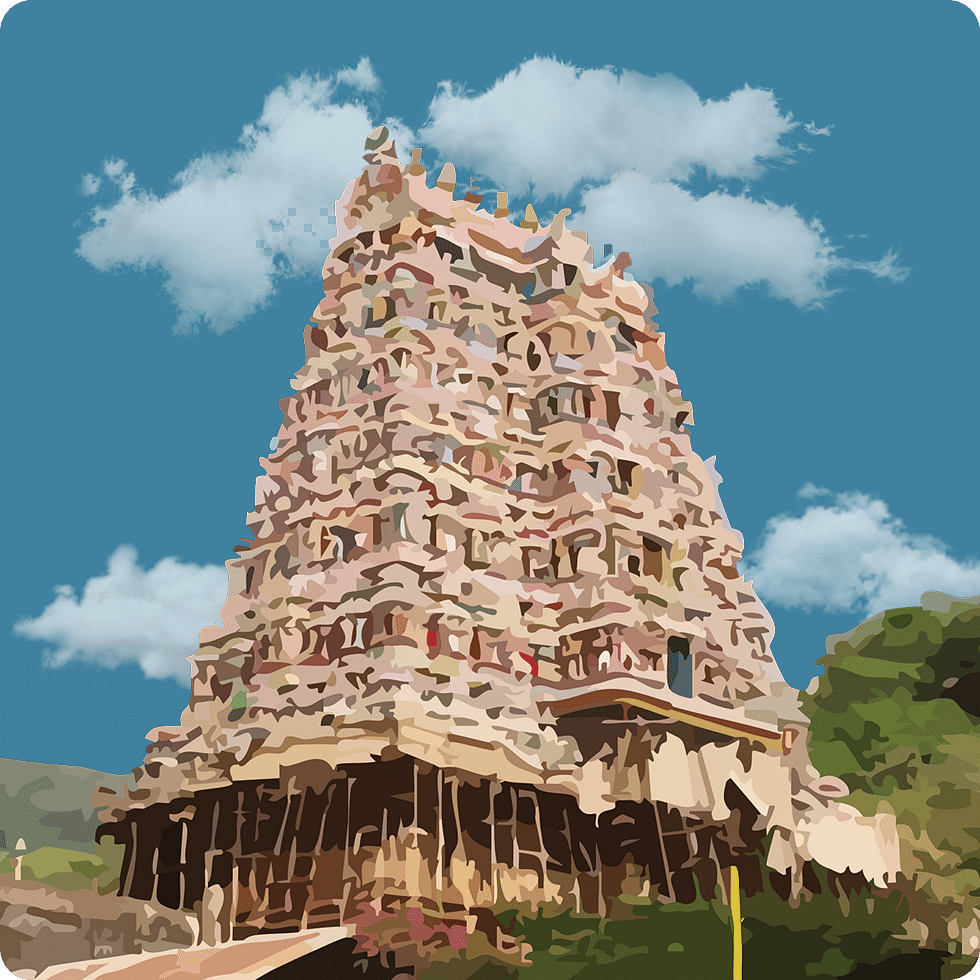 Tall sandstone temple tower (vimana) with intricate carvings, rising above a hilly backdrop.