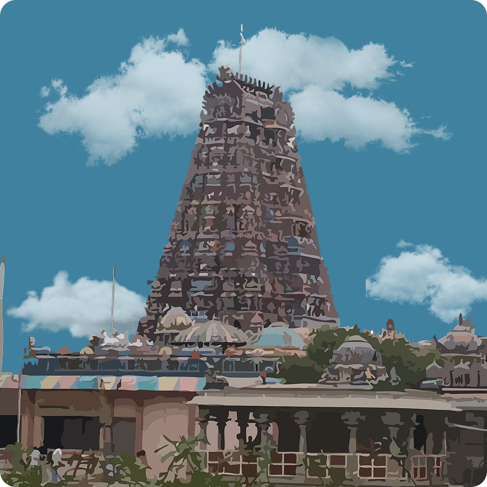 Dark-hued temple tower standing tall with mythological motifs, set against a serene sky.