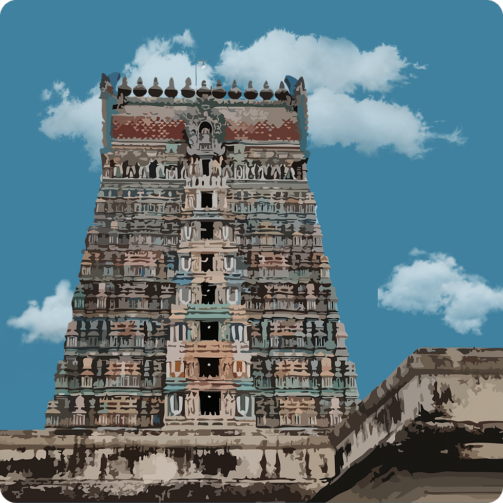 Tall, colourful gopuram richly decorated with intricate deity sculptures in vibrant hues.