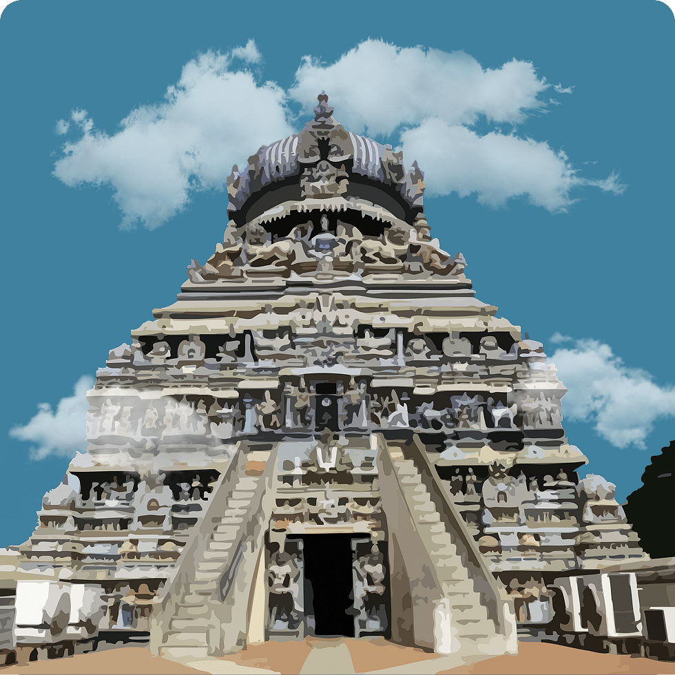 Unique temple gopuram with symmetrical stone carvings, exuding grandeur and sacred charm.