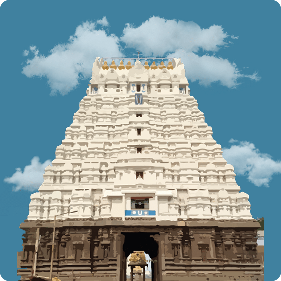 Creamy white rajagopuram of a temple, rising grandly against fluffy clouds.