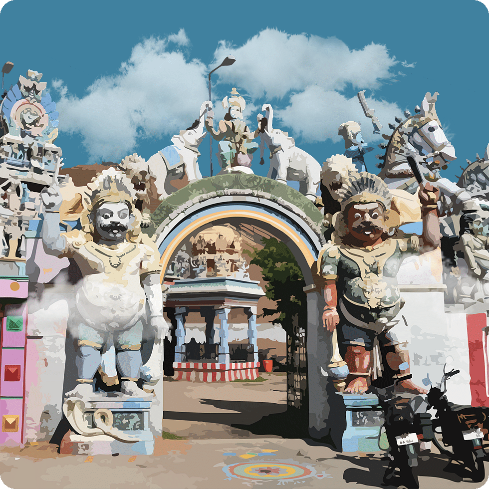 Ornate gopuram entrance of a South Indian temple, adorned with vivid sculptures and mythological figures.