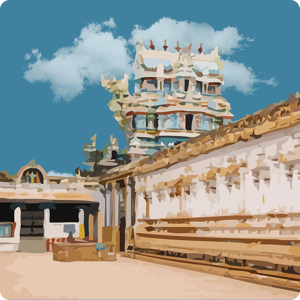Temple complex with a pastel-hued gopuram and pillared corridor leading to sanctum.