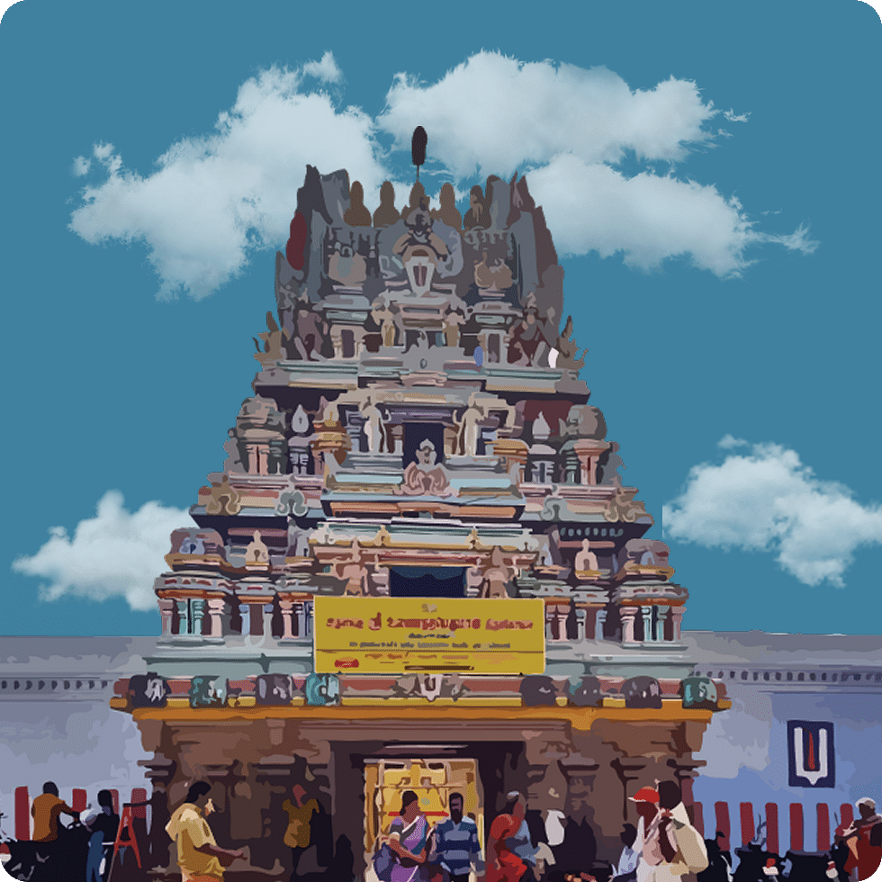 Vibrant and lively gopuram of a temple with a colourful crowd at the base.