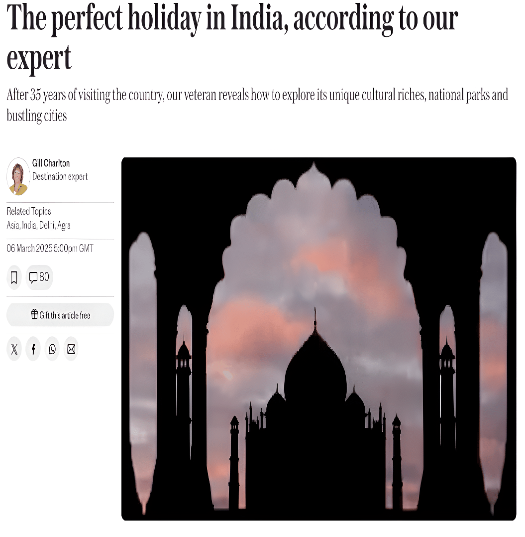 An article titled The perfect holiday in India, according to our expert, with a Taj Mahal silhouette infographic.