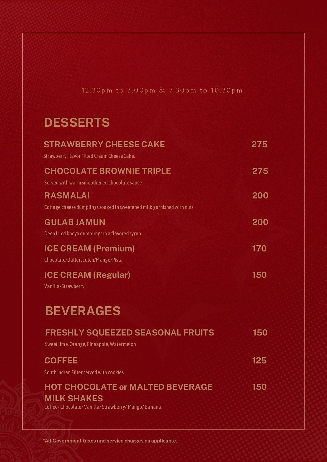 Atithi - TGI Grand menu featuring dishes under Desserts and Beverages