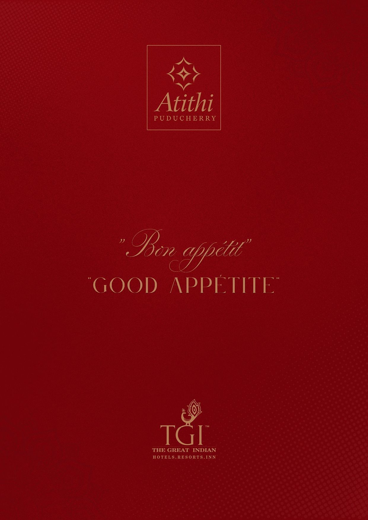 Back cover of Atithi - TGI Grand menu with the logos of the property and TGI as the text says - Bon Appetit - Good Appetite