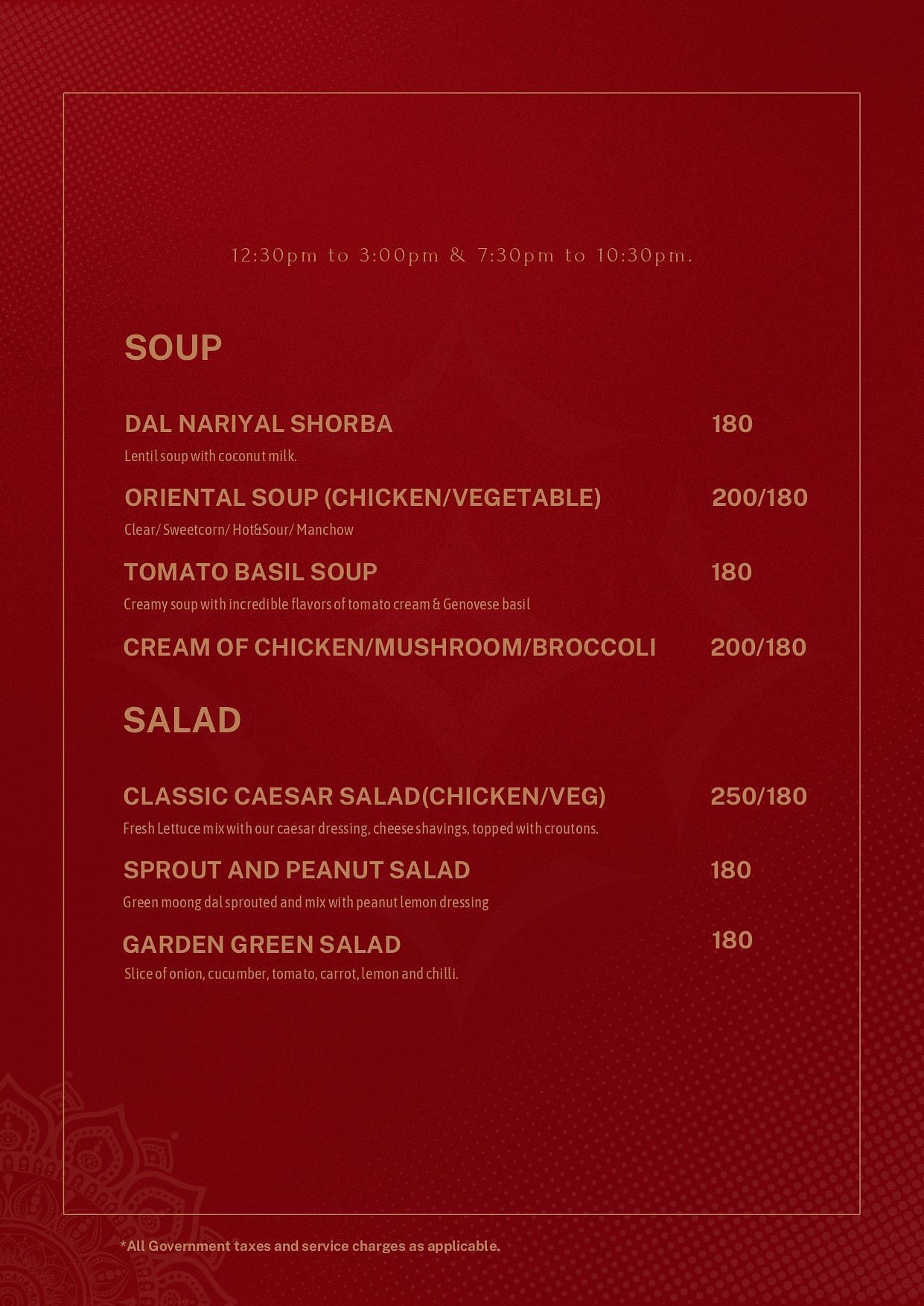 Menu for Hotel Atithi - TGI Grand featuring dishes under soup and salad and the timing is from 12:30 PM to 3 PM and 7:30 PM to 10:30 PM