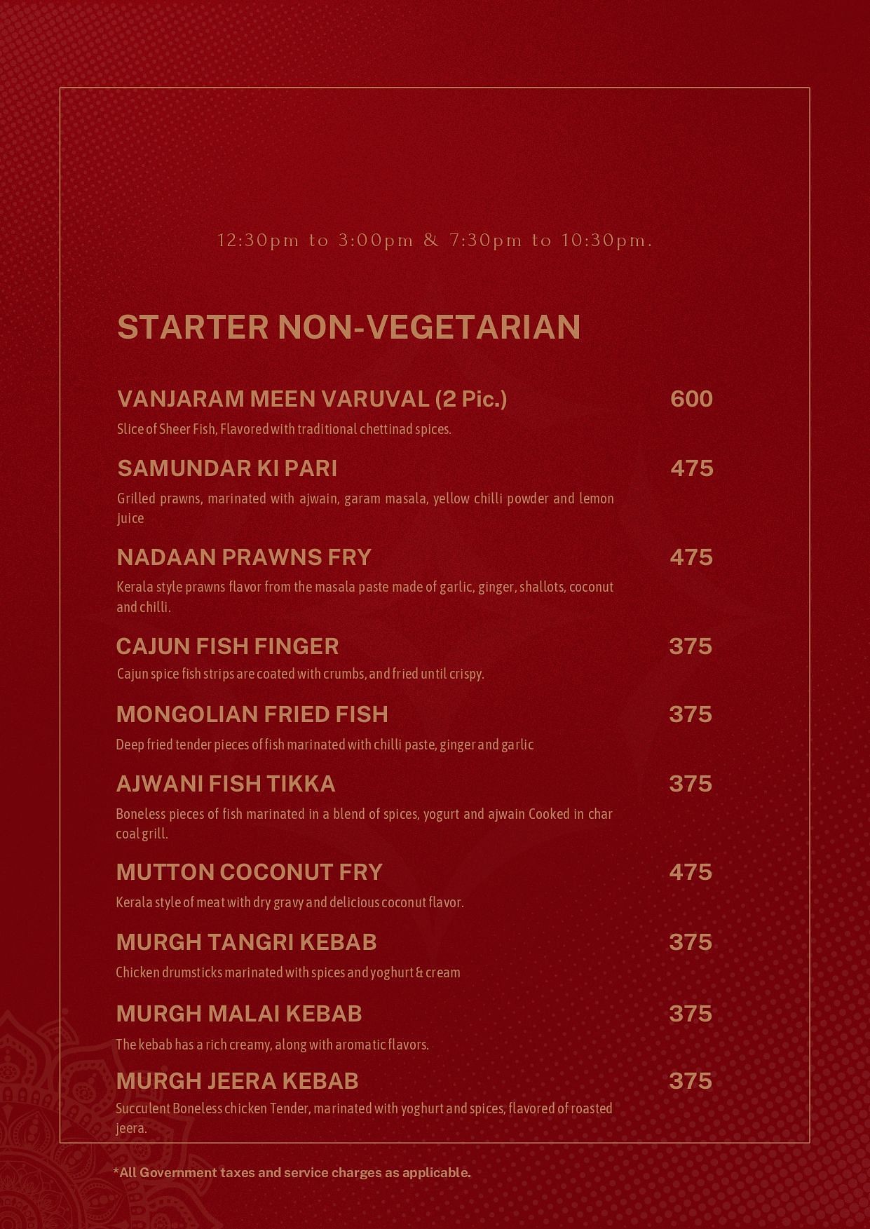 Atithi - TGI Grand menu featuring Starters Non-vegetarian with timing from 12:30 PM to 3 PM and 7:30 PM to 10:30 PM