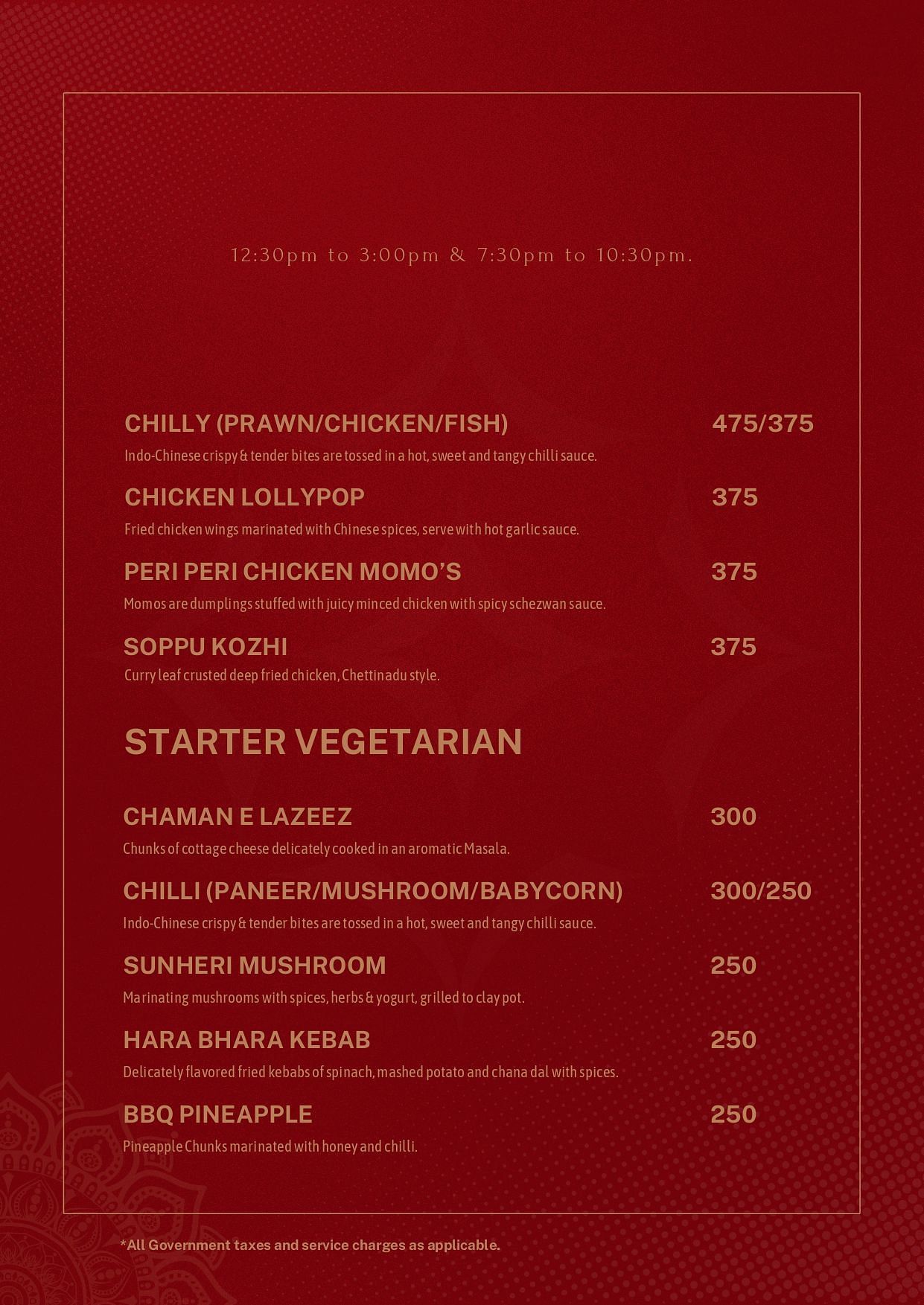 Atithi - TGI Grand menu with the continuation of Starter Non-vegetarian and the dishes under Starter Vegetarian