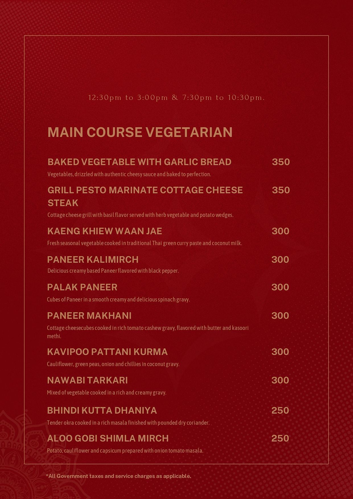 Hotel Atithi - TGI Grand Menu for Main Course - Vegetarian 