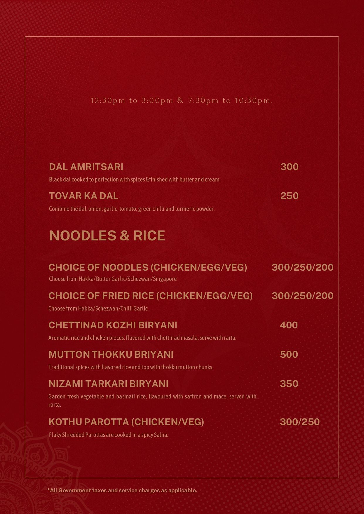 Atithi - TGI Grand menu with the continuation of Main Course Vegetarian and dishes under Noodles and Rice