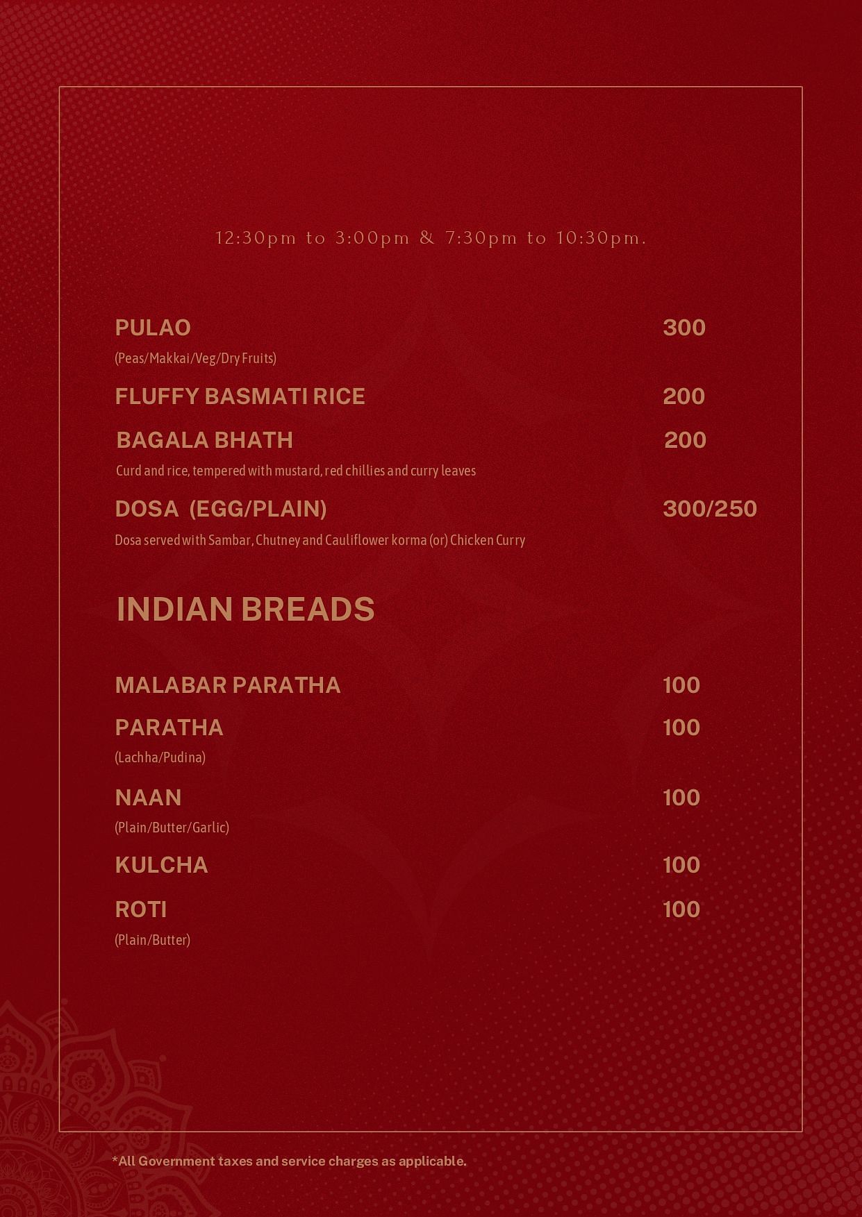 Atithi - TGI Grand menu with the continuation of Noodles and Rice and the dishes under Indian Breads