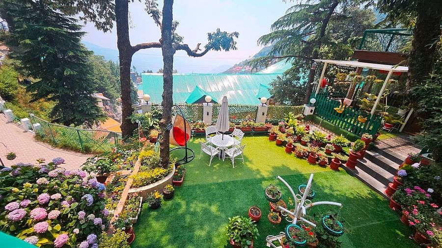 Charming garden area with vibrant flowers, seating arrangements, and a scenic hillside view surrounded by lush greenery -Mongas Hotel & Resort, Dalhousie